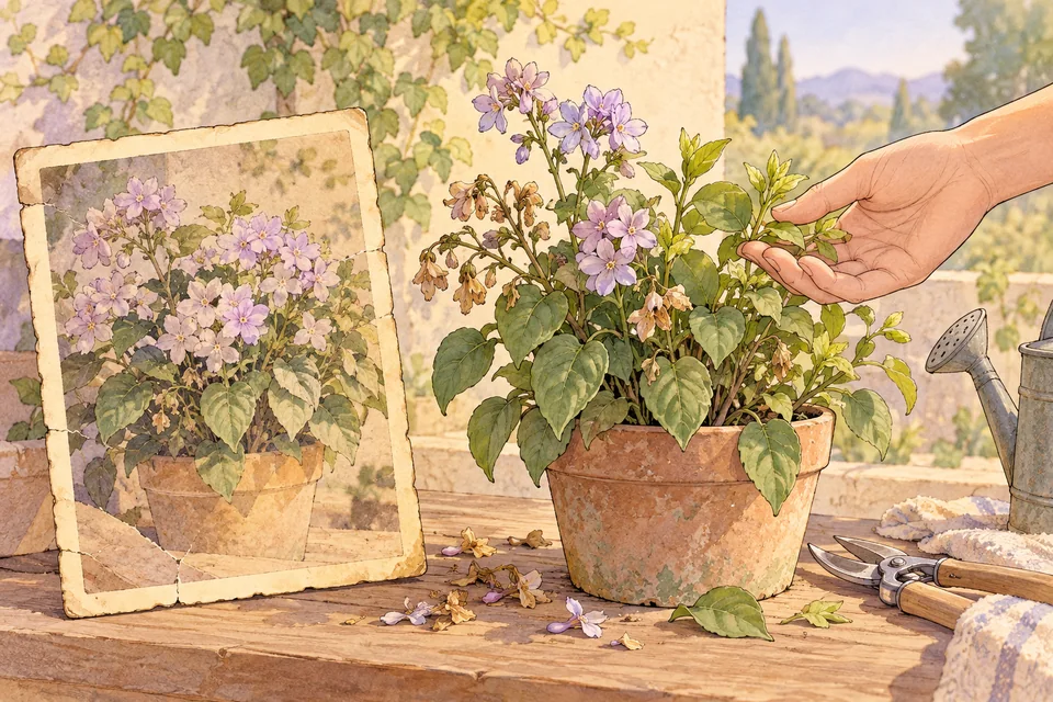 An old picture of a tree in bloom beside the present tree with fallen blossoms and new shoots, and a hand tending it