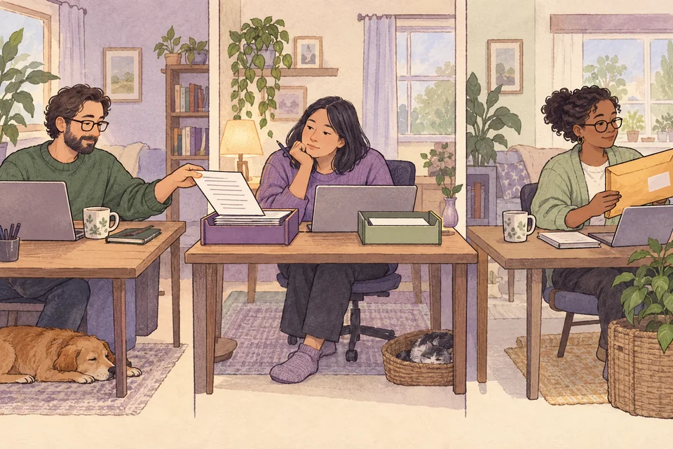 An illustration of work passing between people in different homes while a document waits at an approval point