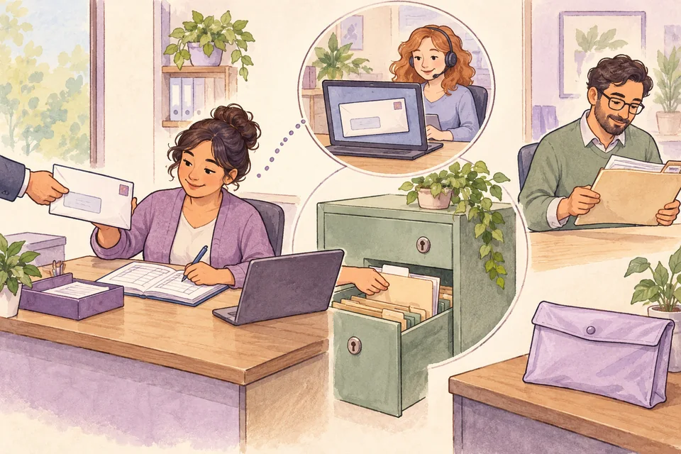 An administrator receives and logs an envelope, a remote worker gets a copy, and the original stays in a cabinet until a signer needs it