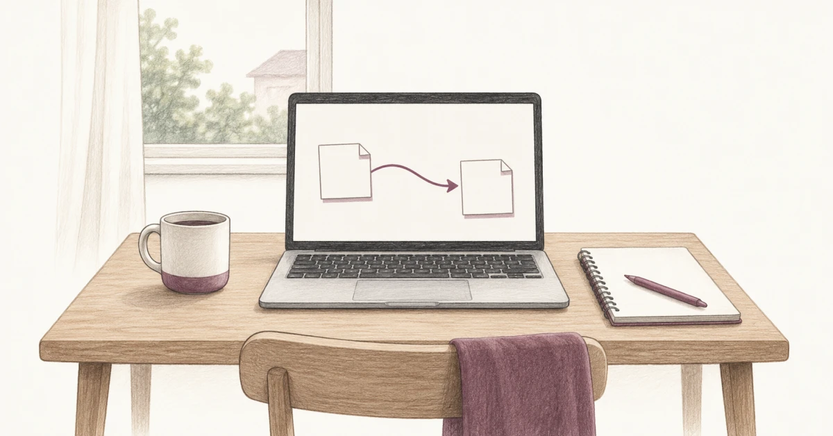 Drawing of a home desk with a computer showing two linked documents, a notebook, and a glass.