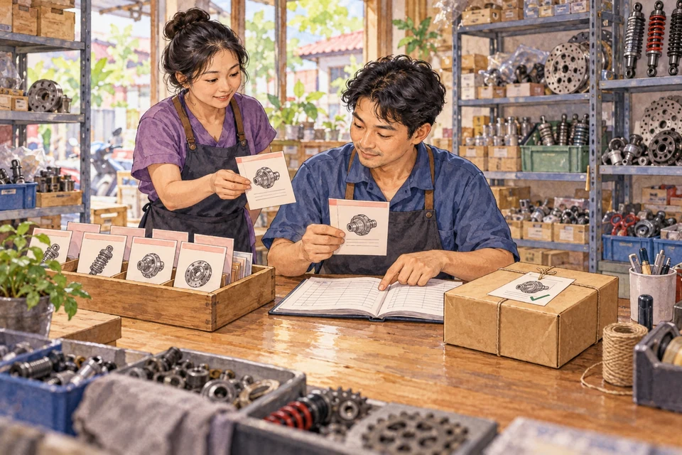 ภาพสมมติพนักงานรับใบงานจากถาด ตรวจรายการกับสมุด และมีกล่องงานที่ทำเสร็จอยู่ข้างโต๊ะ