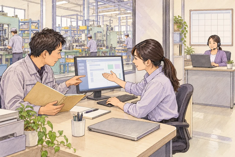 คนสองคนคุยหน้าเครื่องคอมพิวเตอร์ในโรงงาน และมีเจ้าหน้าที่สวมหูฟังที่โต๊ะอีกด้าน