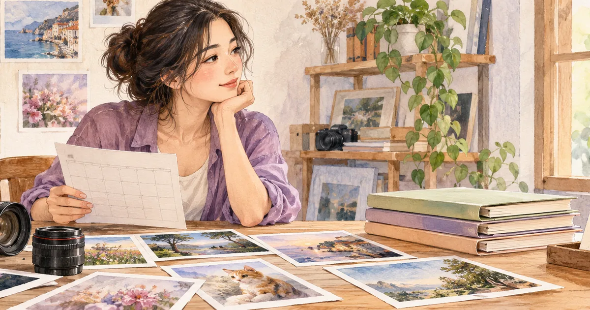 ภาพประกอบช่างภาพหญิงสมมติพิจารณาปฏิทินท่ามกลางกล้องและภาพถ่าย